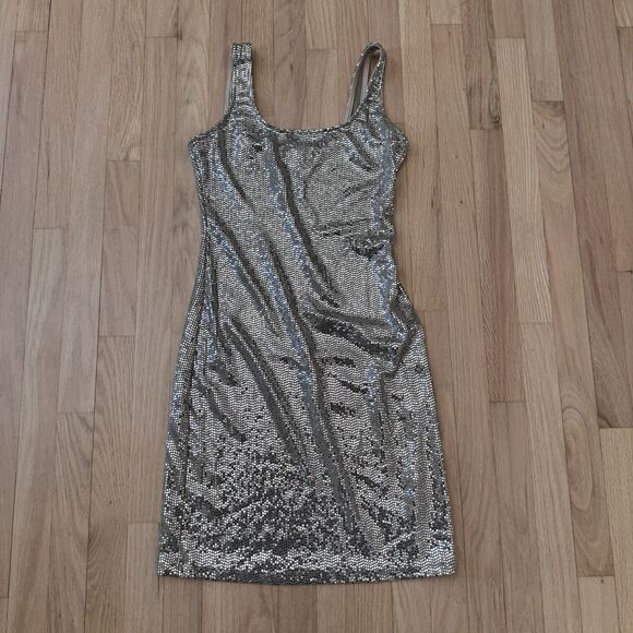 Vintage bebe Y2k Dress Metallic Silver S M Cocktail Bodycon Scoop Tank Club USA - Picture 7 of 9